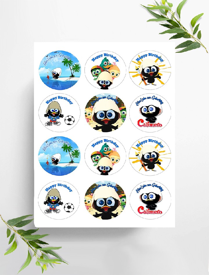 Calimero 12 Muffinaufleger ca. 6 cm zum selbst ausscheiden,  mit (11) weiteren Motiven